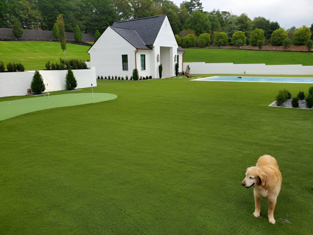 Lush synthetic turf backyard in North Carolina, showcasing durable and green landscaping solutions.